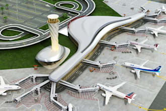 create 3d airport design, terminal, car park, rest room, reception design
