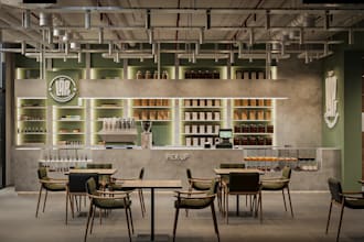render architectural 3d interior design of cafe, lounge,restaurant,2d floor plan