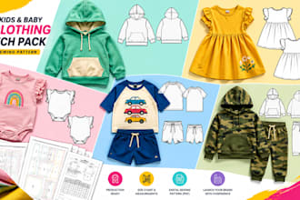 create kids baby clothing tech pack, clothing pattern, flat sketch, streetwear