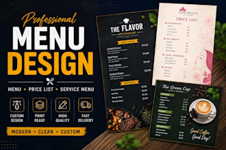 design a professional menu, price list and service menu