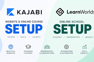 setup and design kajabi, learnworlds membership website and online course
