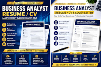write an ats optimized business analyst resume CV and cover letter