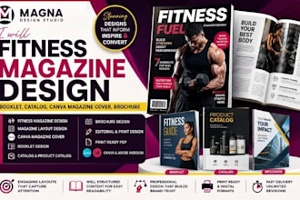 fitness magazine design, booklet, catalog, canva magazine cover, brochure