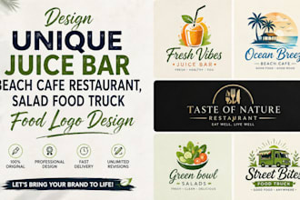 design unique juice bar beach cafe restaurant, salad food truck  food logo desig