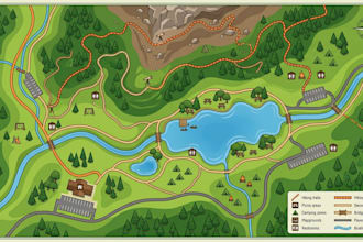 create a detailed park map, hiking map, trail map and recreation map