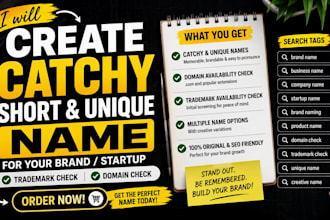 make catchy short unique name for your brand startup with trademark domain check