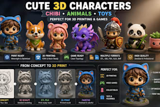 create cute 3d chibi characters animals and toys for 3d printing
