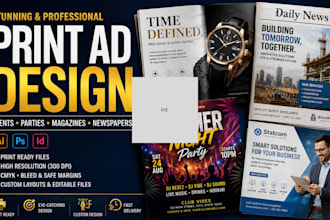 digital newspaper ads, magazine design, prints ads for events parties magazine