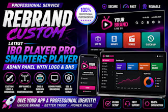 rebrand custom,latest ibo player pro,smarters player,admin panel with logo,dns