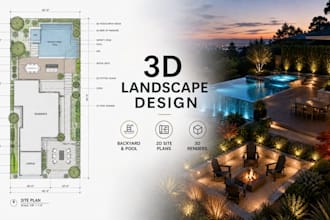 3d landscape design, backyard, front yard, pool, site plan, landscape architect