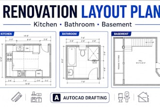draw kitchen, bathroom and basement renovation layout plan with autocad drafting