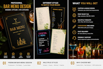 design a modern bar menu, drinks menu and cocktail menu