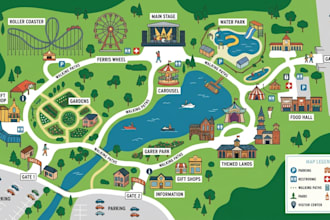 design 2d 3d themed maps, amusement park maps, wayfinding and vector maps