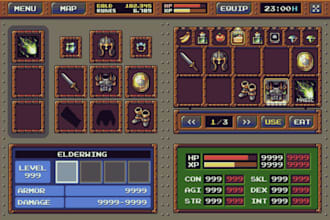 design pixel gui, pixel hud, health bar, game icons, mana bar, skill bar, rpg