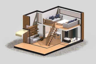 design 3d tiny house, cabin, frame house, small house and container home