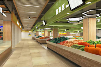 design 3d grocery store, retail shop supermarket shopping mall realistic render