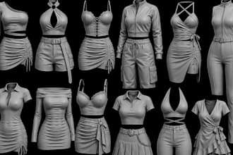 design, rig and texture 3d clothing mesh, outfit mesh for second life clothing