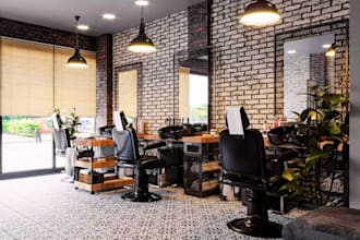 design a modern 3d barbing salon interior and exterior