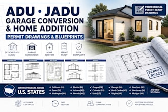 create adu jadu plans and deck, patio, pergola plans with permit drawings in ca