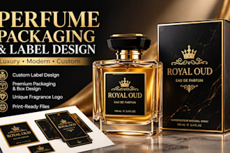 design perfume label, fragrance logo, packaging, bottle and luxury perfume box