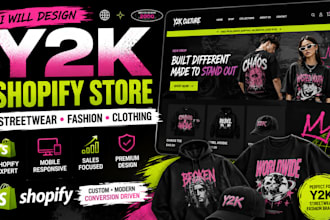 design y2k shopify store, streetwear website and y2k clothing brand website