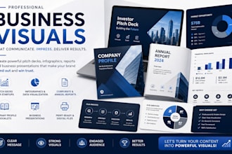 design startup pitch decks, infographics, corporate reports and company booklets