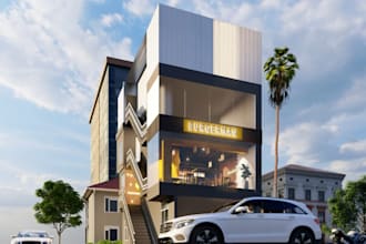 2d plans to 3d restaurant design,exterior cgi, commercial building,buger shop,uk