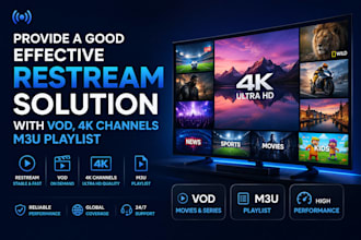 provide a good effective restream solution with vod, 4k channels, m3u playlist