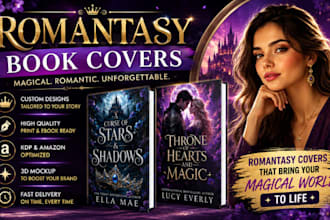 design a romantasy book cover for fantasy romance authors