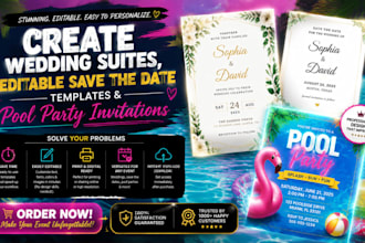 create wedding suites, editable save the data template and pool party invitation