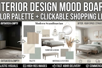 create interior design mood board, furniture layout, shopping list
