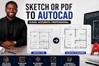convert sketch or PDF to autocad 2d technical drawing floor plan, cad