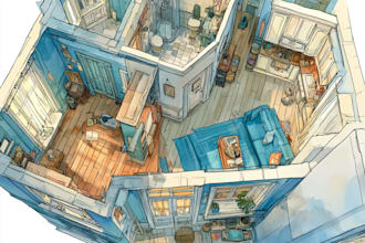 draw building and interior floor plans in watercolor
