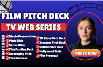 create cinematic film pitch deck, tv bible show, podcast pitch deck movie poster