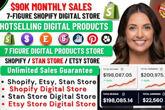 setup 7figure shopify product store, etsy shop, stan store digital store