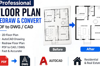 redraw floor plan in autocad, 2d floor plan, PDF to dwg or cad drafting