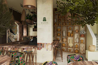 do photorealistic 3d interior design for restaurants, cafes, boutique hotels