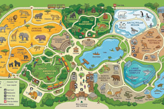 create zoo, wildlife park, illustrated guide, vector and wayfinding maps