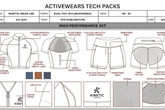 design fashion activewear, gym, fitness sportswear tech packs fashion tech packs