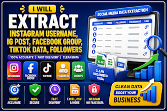 extract instagram username, ig post, facebook group, tiktok data, followers