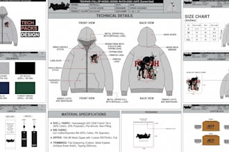 create fashion tech packs for clothing, apparels, jackets hoodies fashion design