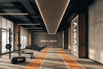 remodel commercial gym interior layout, fitness center, yoga studio, cgi render