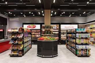optimize 3d grocery store,supermarket display,store layout interior rendering