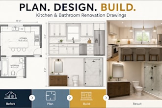 do kitchen and bathroom renovation layout, elevation and 2d floor plan