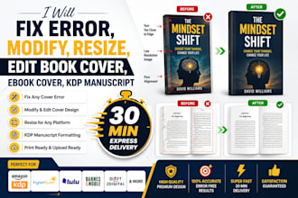 fix error, modify, resize, edit book cover, ebook cover,KDP manuscript 30 min
