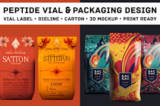 design custom peptide vial label, dieline product packaging and carton design