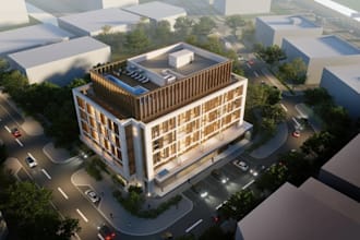 produce 3d external render for urban residence, mixed use apartment, parking lot