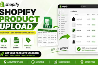upload shopify products, seo listings, bulk csv import and product data entry