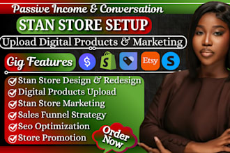 setup stan store website, etsy shop stan store marketing upload digital products