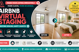 create realistic airbnb virtual staging for vacation rental property photos fast